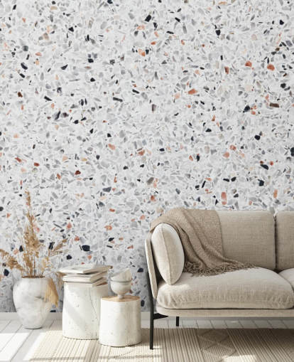 Carta da parati in terrazzo grigio e nero e terracotta maculata
