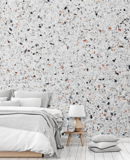 Carta da parati in terrazzo grigio e nero e terracotta maculata