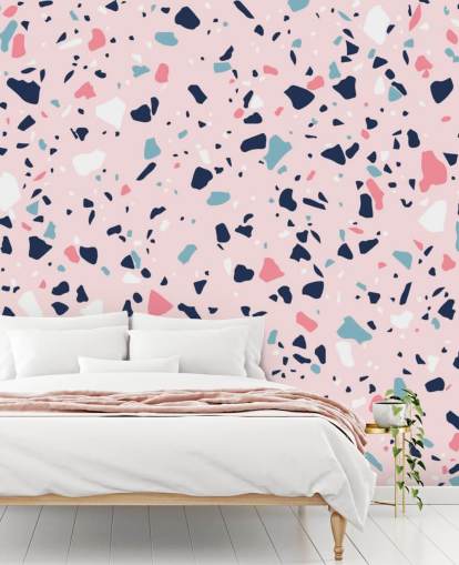 Carta da parati terrazzo blu navy, bianco e rosa
