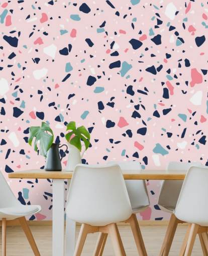 Papier Peint Terrazzo Bleu Marine, Blanc et Rose