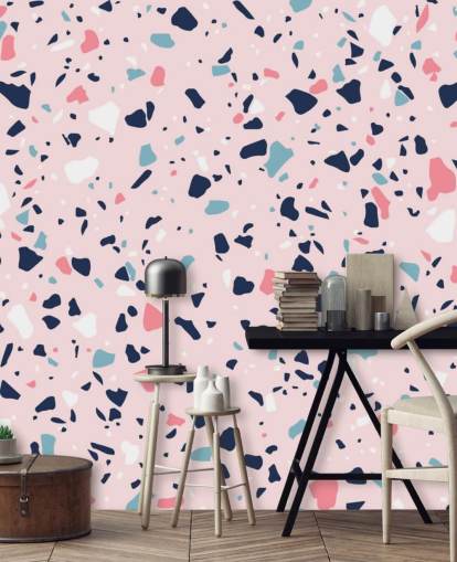 Papel pintado Terrazo azul marino, blanco y rosa