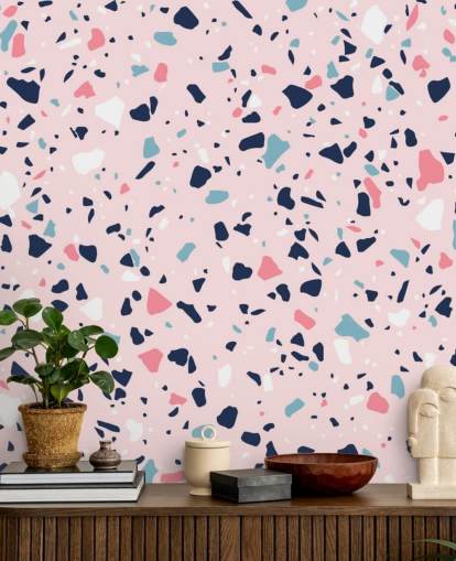 Carta da parati terrazzo blu navy, bianco e rosa Carta da parati terrazzo blu navy, bianco e rosa