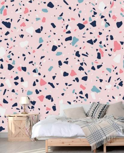 Papel pintado Terrazo azul marino, blanco y rosa Papel pintado Terrazo azul marino, blanco y rosa