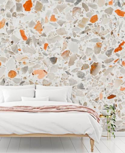 Papel pintado terrazo naranja y gris vibrante