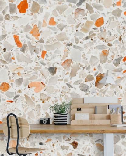 Papel pintado terrazo naranja y gris vibrante