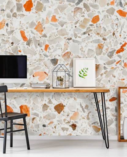 Vibrant Orange and Grey Terrazzo Wallpaper