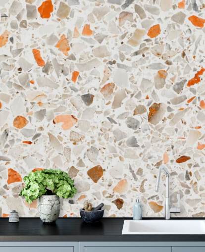 Papel pintado terrazo naranja y gris vibrante