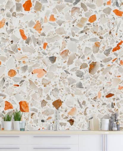 Papel pintado terrazo naranja y gris vibrante