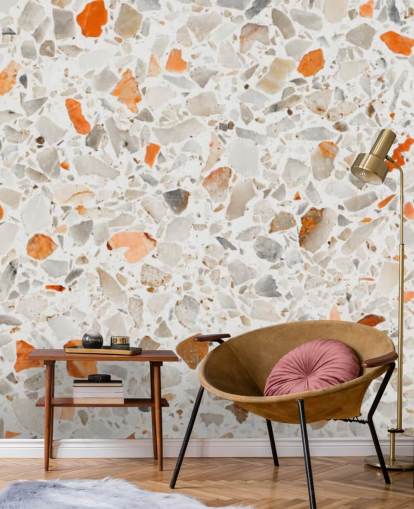 Levendig oranje en grijs terrazzo behang