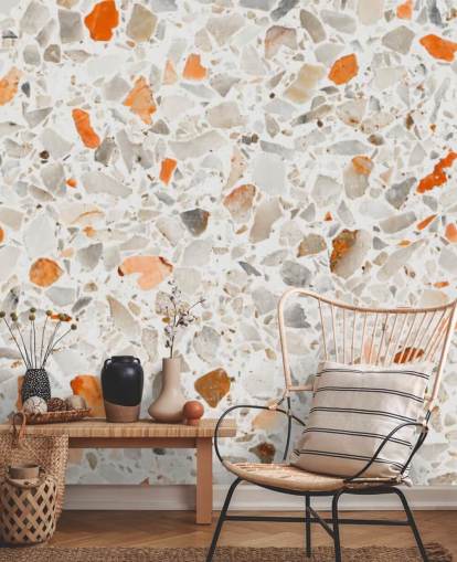 Papier Peint Terrazzo Orange et Gris Vibrant