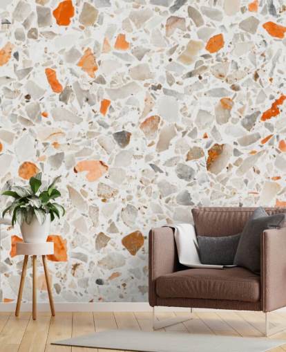 Papel pintado terrazo naranja y gris vibrante