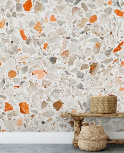 Papier Peint Terrazzo Orange et Gris Vibrant