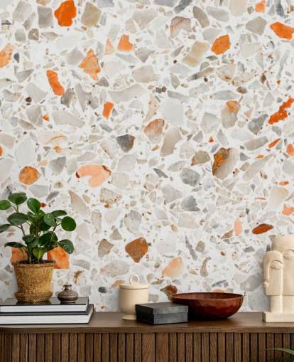 Papel pintado terrazo naranja y gris vibrante Papel pintado terrazo naranja y gris vibrante