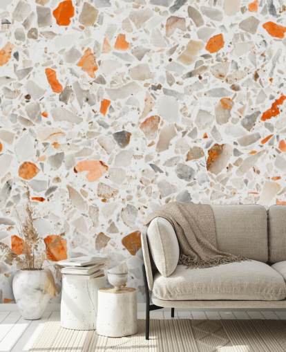 Papel pintado terrazo naranja y gris vibrante