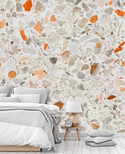 Papel pintado terrazo naranja y gris vibrante