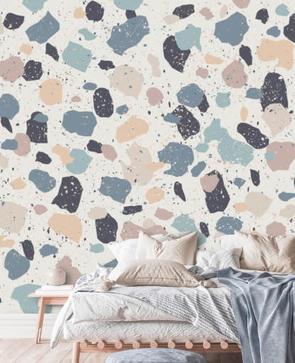 Pastel Pink, Navy, Beige Terrazzo Wallpaper