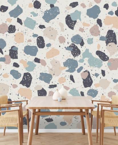 Pastel Pink, Navy, Beige Terrazzo Wallpaper
