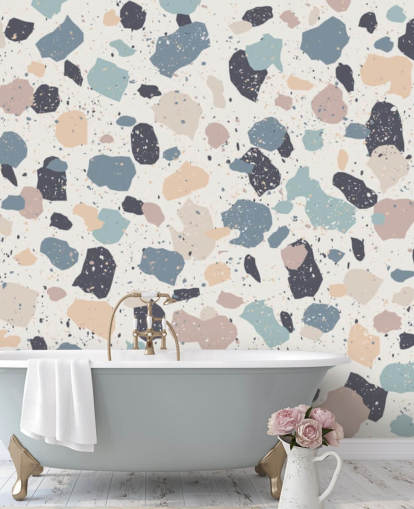 Pastelroze, Navy, Beige Terrazzo behang