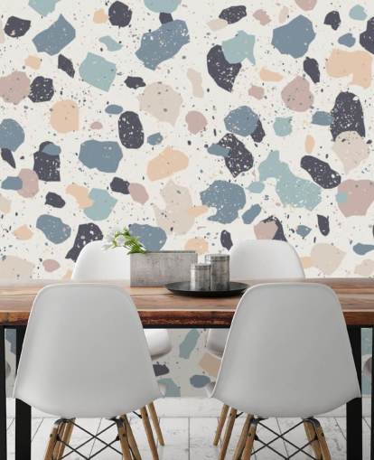 Pastel Pink, Navy, Beige Terrazzo Wallpaper