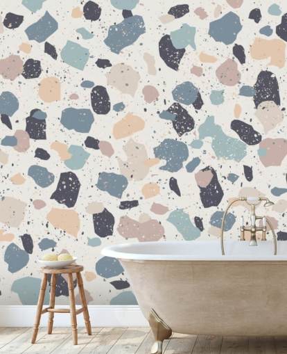 Pastel Pink, Navy, Beige Terrazzo Wallpaper