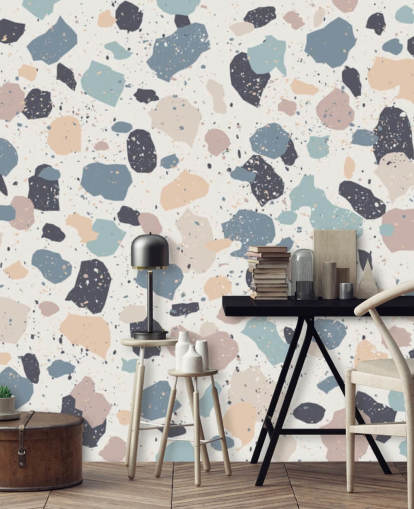 Pastel Pink, Navy, Beige Terrazzo Wallpaper
