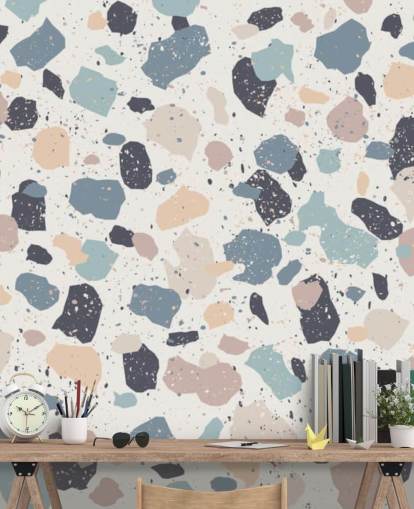 Pastel Pink, Navy, Beige Terrazzo Wallpaper