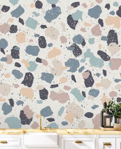 Carta da parati terrazzo rosa pastello, blu navy, beige Carta da parati terrazzo rosa pastello, blu navy, beige