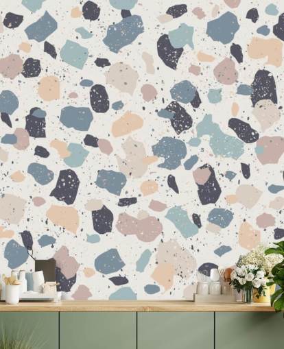 Pastel Pink, Navy, Beige Terrazzo Wallpaper
