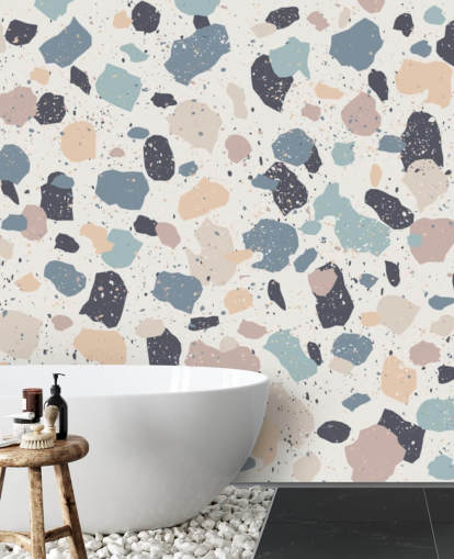 Pastelroze, Navy, Beige Terrazzo behang