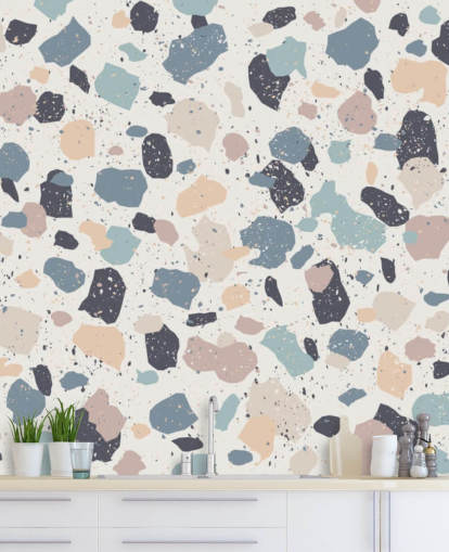 Papier Peint Terrazzo Rose Pastel, Bleu Marine, Beige