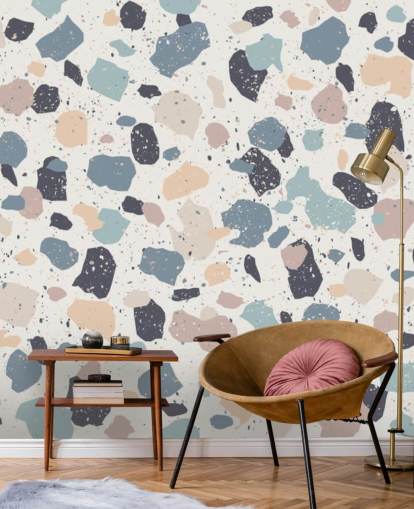 Pastel Pink, Navy, Beige Terrazzo Wallpaper