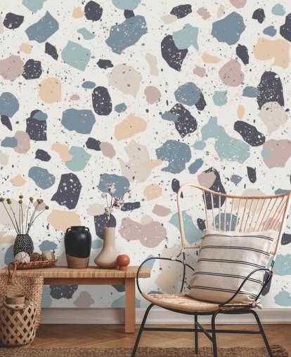 Pastel Pink, Navy, Beige Terrazzo Wallpaper