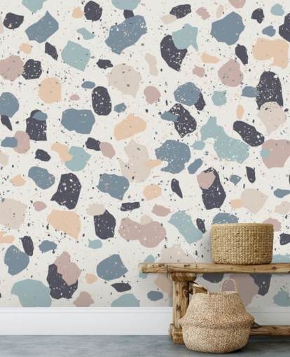 Papel de Parede de Rosa Pastel, Marinha, Bege Terrazzo Papel de Parede de Rosa Pastel, Marinha, Bege Terrazzo