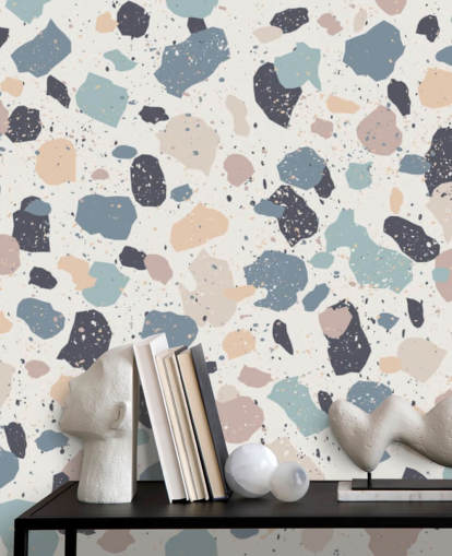 Papel pintado terrazo rosa pastel, azul marino y beige Papel pintado terrazo rosa pastel, azul marino y beige
