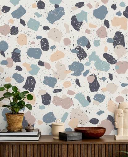 Papel de Parede de Rosa Pastel, Marinha, Bege Terrazzo