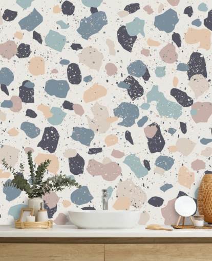 Pastel Pink, Navy, Beige Terrazzo Wallpaper