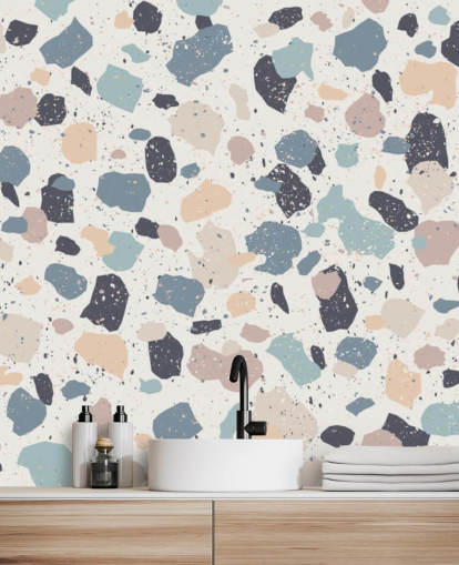 Papel pintado terrazo rosa pastel, azul marino y beige Papel pintado terrazo rosa pastel, azul marino y beige