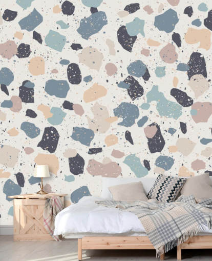 Pastel Pink, Navy, Beige Terrazzo Wallpaper