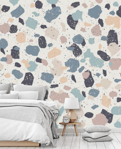 Pastel Pink, Navy, Beige Terrazzo Wallpaper