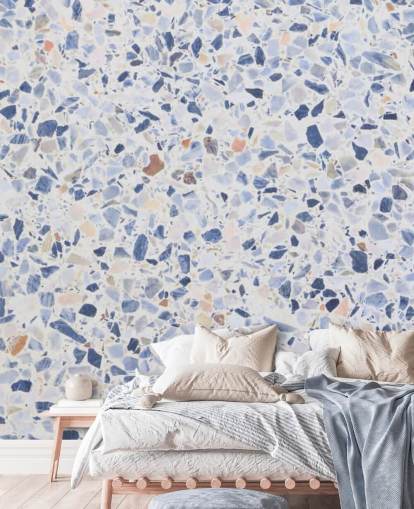 Papel pintado Terrazo azul y motas de marrón Papel pintado Terrazo azul y motas de marrón