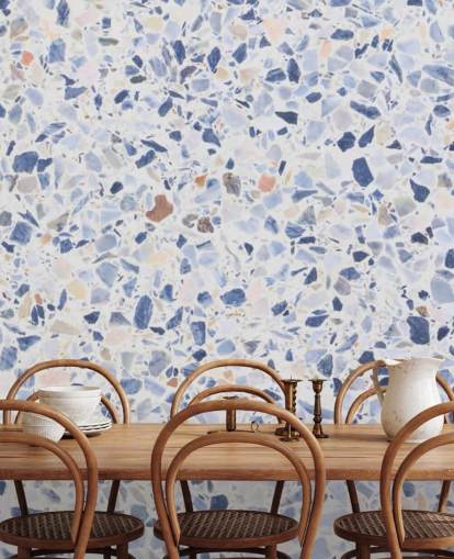 Papel de parede azul terrazzo e salpicos de marrom