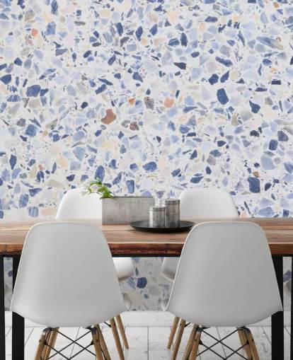 Papel pintado Terrazo azul y motas de marrón
