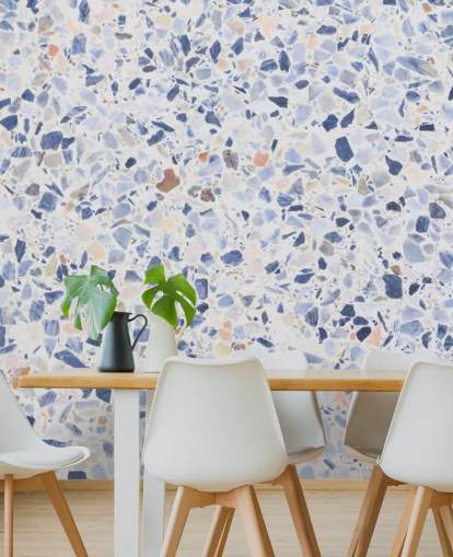 Papel pintado Terrazo azul y motas de marrón