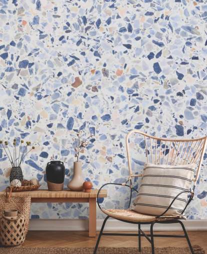 Papel pintado Terrazo azul y motas de marrón
