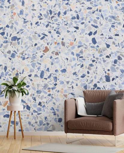 Papel pintado Terrazo azul y motas de marrón