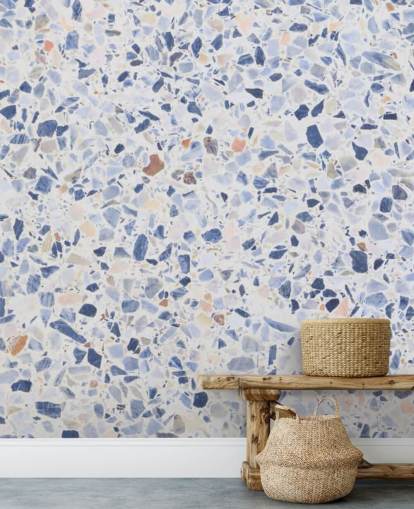 Papel pintado Terrazo azul y motas de marrón