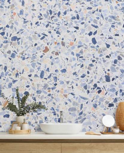 Papier Peint Terrazzo bleu et mouchetures de brun