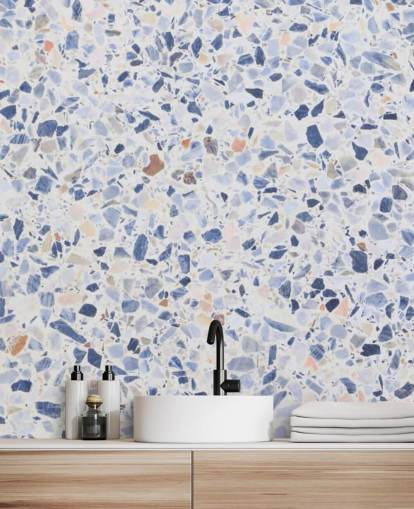 Papel pintado Terrazo azul y motas de marrón