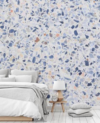 Papel pintado Terrazo azul y motas de marrón