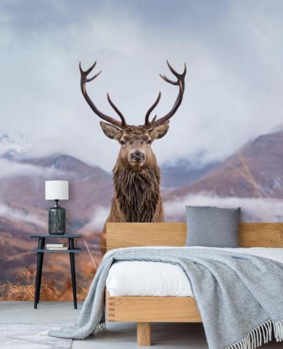 stag in misty landscape wallpaper